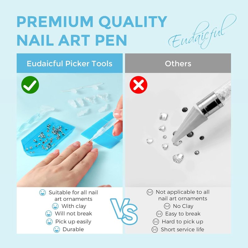 Rhinestone Picker Tool Kit: 2Pcs Rhinestone Picker Handle, Dual-Ended Rhinestones Applicator Dotting Tools Pen with 12 Upgraded Plastic Replacement Tips, Clay for DIY Nail Art Craft (Blue)