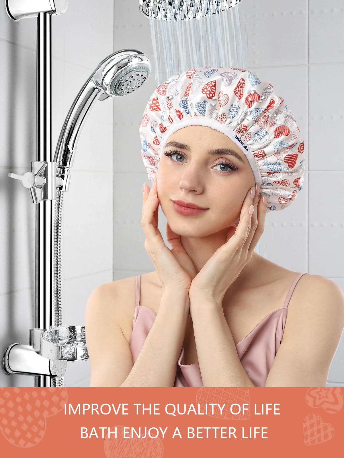 Years calm Terry Lined Shower Cap, Triple Layer Heart Motifs,Waterproof Reusable Elastic,Hair Shower Cap for Women,Terry Cloth Shower Caps for Spa,Clean,Trave (White, One Size)