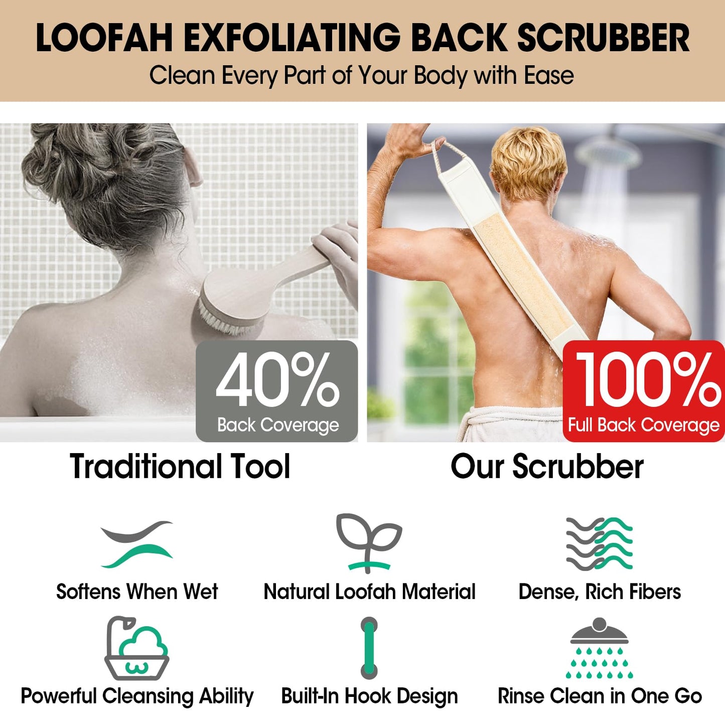 Loofah Back Scrubber with Handle, Natural Exfoliating Shower Sponge, Deep Clean Back Scrub for All Skin Types, Durable Bath Loofah for Daily Use