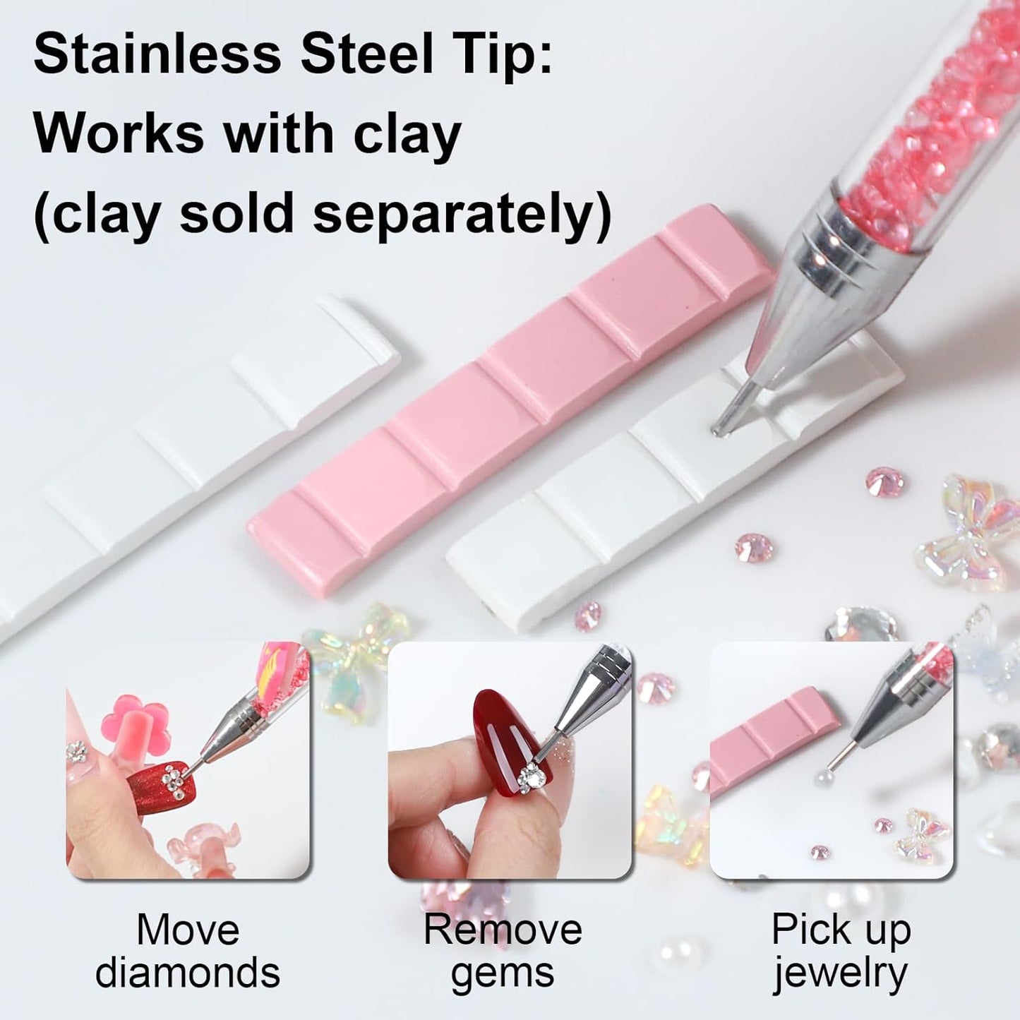 Skiennix Rhinestone Picker Tool - Dual-Ended Applicator Wax Pen with 6 Extra Tips & 2 Tweezers | Pink & White