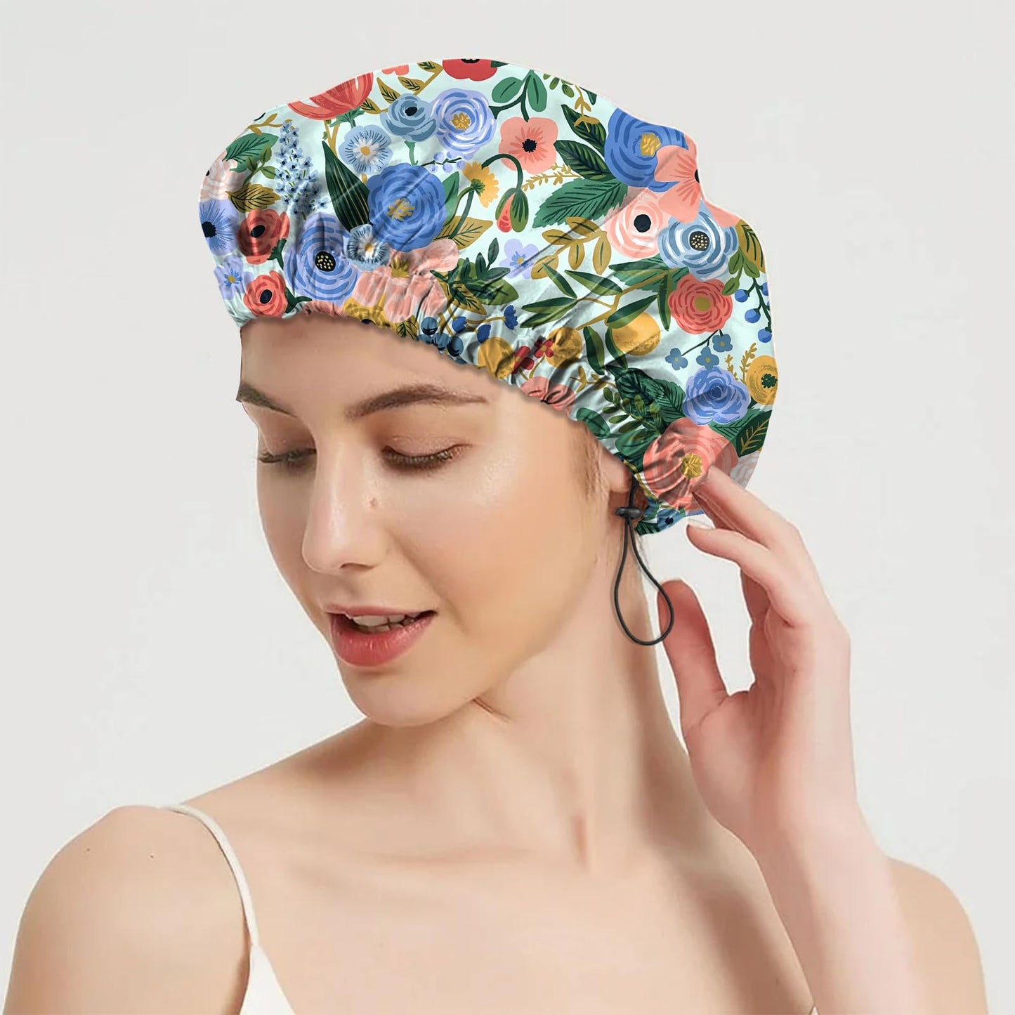 BHAHB 2 PCS Shower Cap Reusable Waterproof Double Layer Elastic Adjustable Hair Bath Caps Cute Aesthetic for Women Girls-Flowers