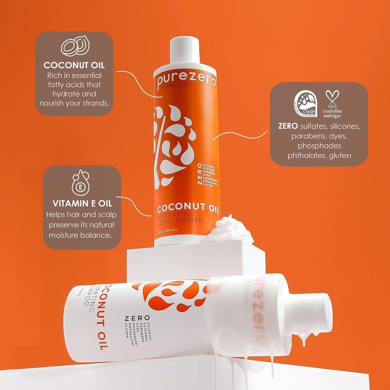 Coconut Oil Hydrating Shampoo & Conditioner Set | Vegan, Silicone-Free, Sulfate-Free | 2 × 12 oz for Dry or Color-Treated Hair