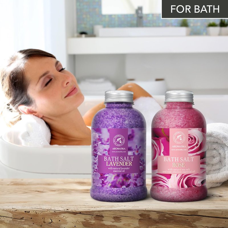 Bath Sea Salt Set 2х21.16Oz - Lavander & Rose - Lavender Essential Oil - Natural Rosewood Oil & Rose Extract - Aromatherapy - Relaxing - Body Care - Beauty