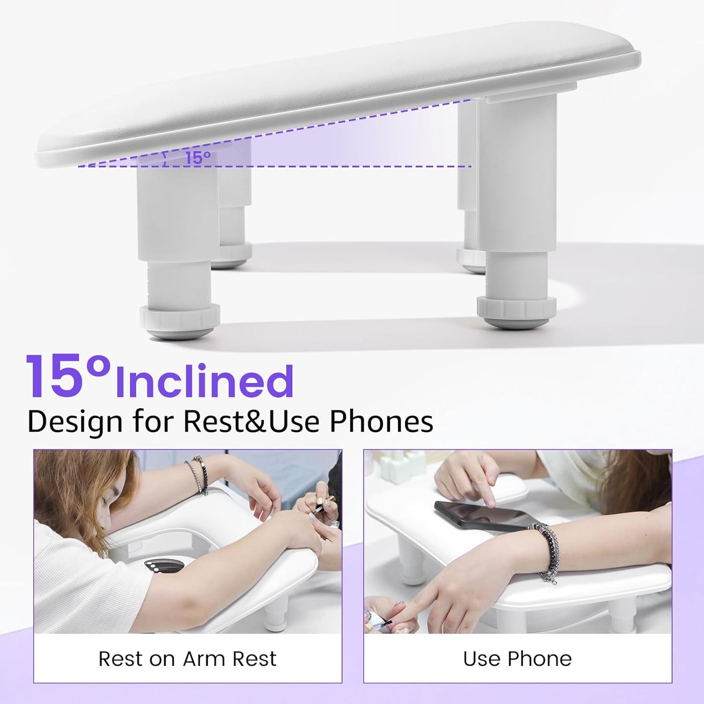 Skiennix U-Shaped Nail Arm Rest - Adjustable Height Microfiber PU Leather Pillow for Acrylic Nails | White