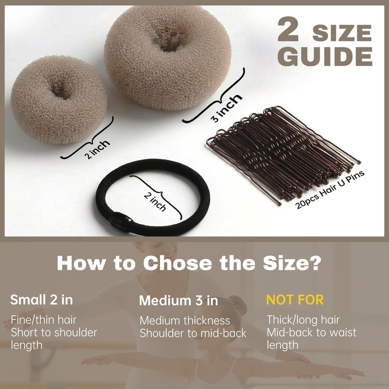 Hair Donut Bun Maker Set - 6 Pcs Firm Hold Bun Shaper Rings for Women | 2 Sizes (Small & Medium) + 5 Hair Ties & 20 U Pins - Tan Brown
