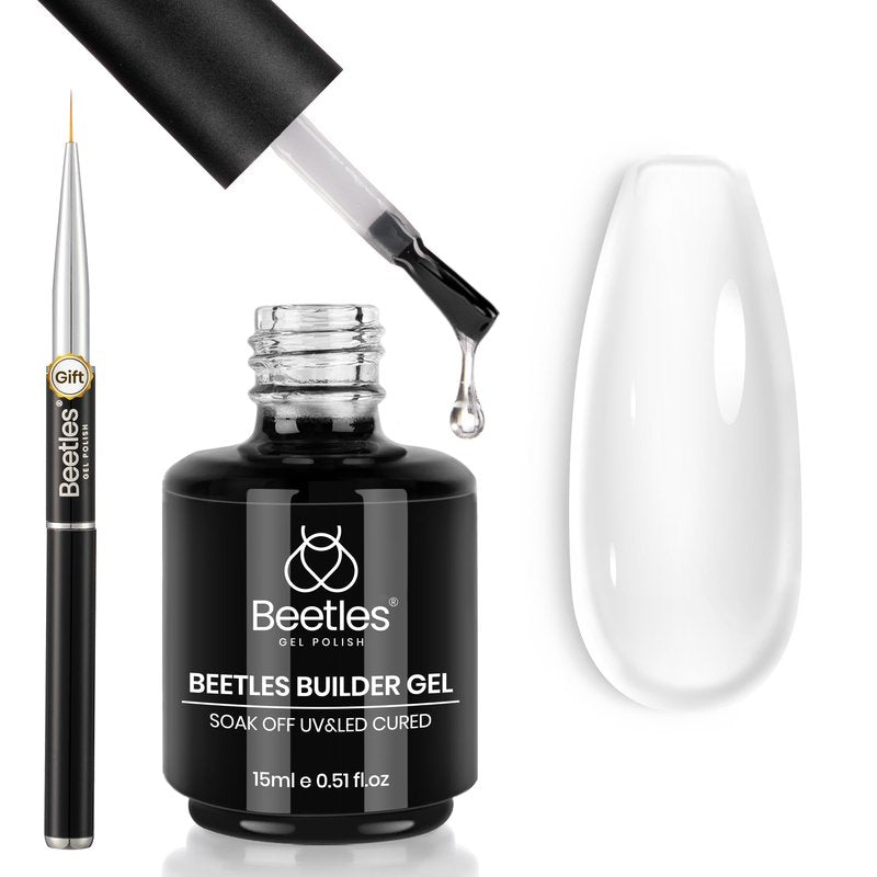 Beetles Builder Gel Clear-Dew Glow 8-in-1 Nail Thickening Strengthening Building Instant Apex with Liner Nail Brush for Beginner DIY Salon at Home,Clear Builder Nail Gel Kit,UV & LED Lamp Cured Needed