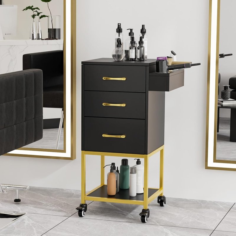 Beauty Salon Storage Trolley Cart - Wooden Hair Cabinet with Dryer Holder & Drawer | Black Hairdressing Organizer for Stylist