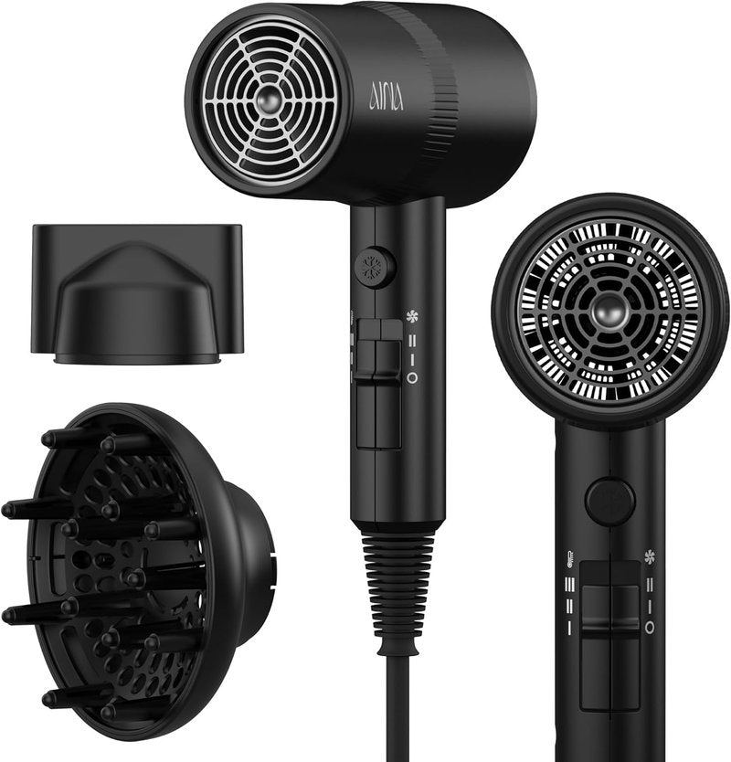 AINA Hair Dryer with Diffuser - Advanced Ionic Technology, Ceramic Coating | Turbo Heat for Fast Drying & Shine, 110V/ALCI (Vader Black)