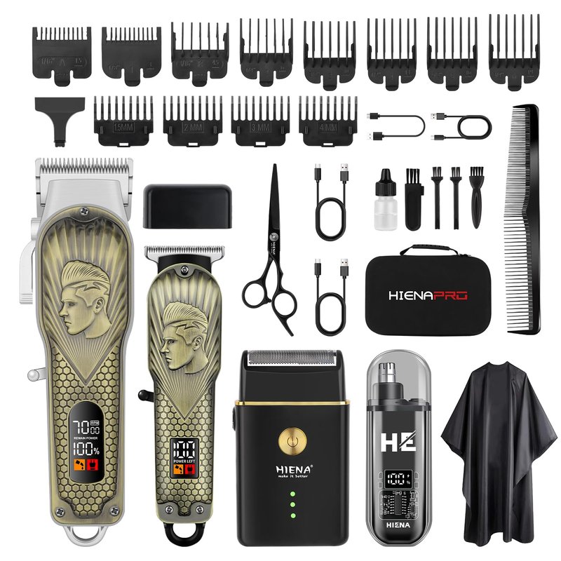 HIENA PRO Professional Hair Clippers for Men, Cordless Hair Clipper for Barber Clippers and Trimmer LED Haircut Set with Foil Shaver, Nose Trimmer, Rechargeable Clippers for Men