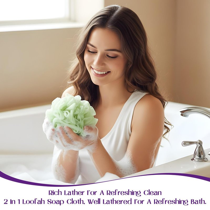 Hadnves 3 Pack Loofah Washcloth Combo 2-in-1 Wash Loofah Cloth for Bar Soap Pocket Reusable Drawstring Mesh Shower Sponge Ball for Body Wash & Smooth Skin (Purple Green Pink)