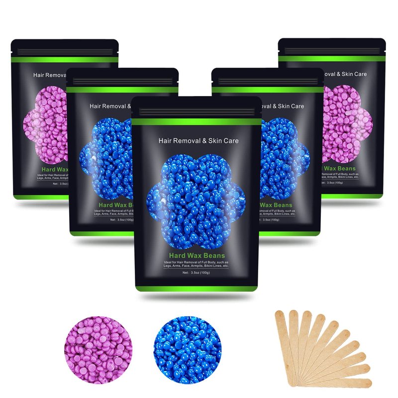 Hard Wax Beans 17.5Oz, Hair Removal Body European Brazilian Pearl Waxing Beads For Women Men Include 10 Waxing Spatulas For Bikini, Eyebrow, Face, Armpit 5 Packs