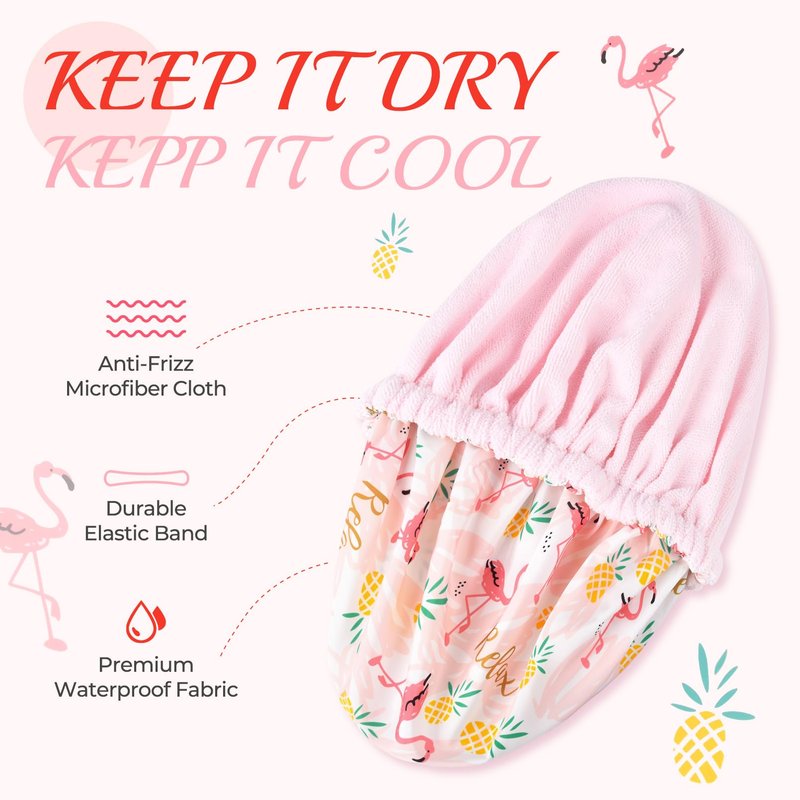 Shower Cap for Women Terry Lined Bath Cap Large Reusable Waterproof Elastic Band Pink Flamingo Shower Caps for Long Thick Hair Soft Bath Shower Hair Caps