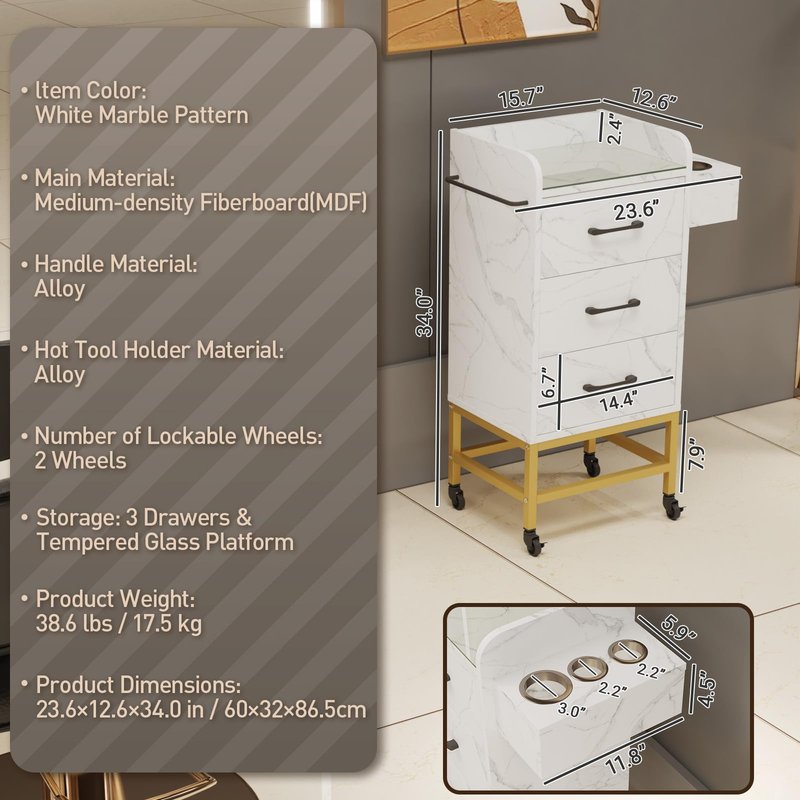 Kikihuose Salon Storage Trolley Cart, Rolling Barber Station w/Toughened Glass Top, Drawers, Hair Dryer Holders, Towel Rack, Locable Wheels for Hair Stylist, Salon Storage Equipment, White Marble