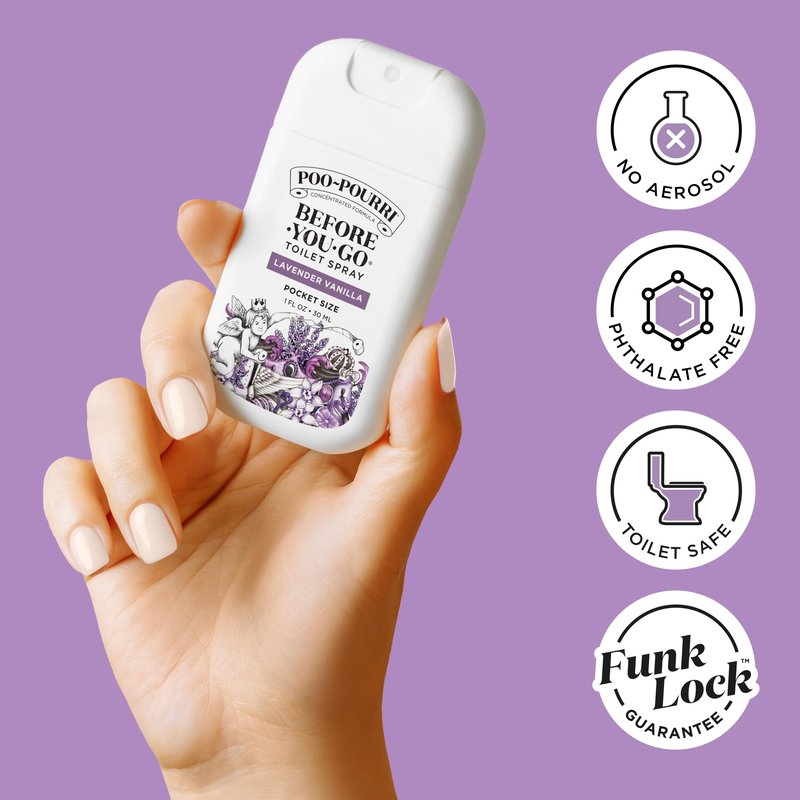Poo-Pourri Before-You-Go Pocket Toilet Spray, Travel Essentials, Lavender Vanilla, 1 Fl Oz, Up to 50 Uses, On-The-Go Bathroom Odor Deodorizer with Essential Oils, TSA Approved Size