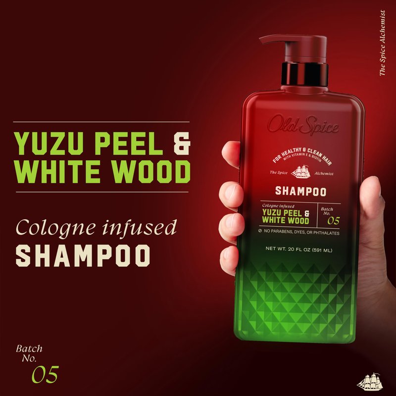 Old Spice Mens Shampoo, The Spice Alchemist Collection, Cologne-Infused Yuzu Peel & White Wood Scent, Free of Parabens & Phthalates, 21.9 fl oz
