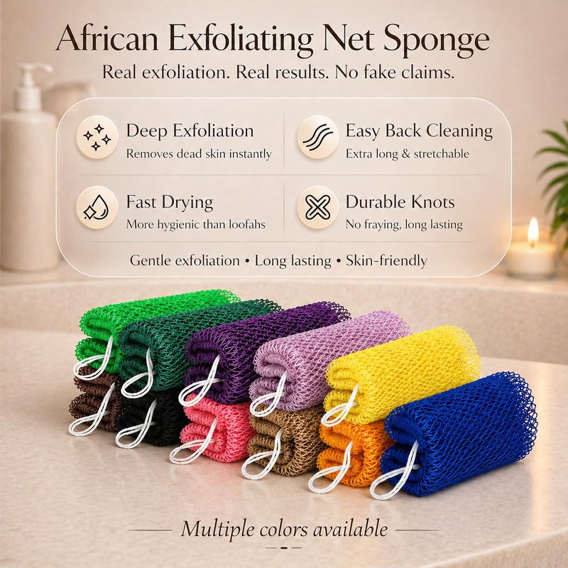 African Net Sponge Authentic, 6 Pcs Real African Exfoliating Net Sponge with Knots for Daily Shower Stretch Back Scrubber for Women and Men Bath Travel Gift Gym Use (6 Pcs)