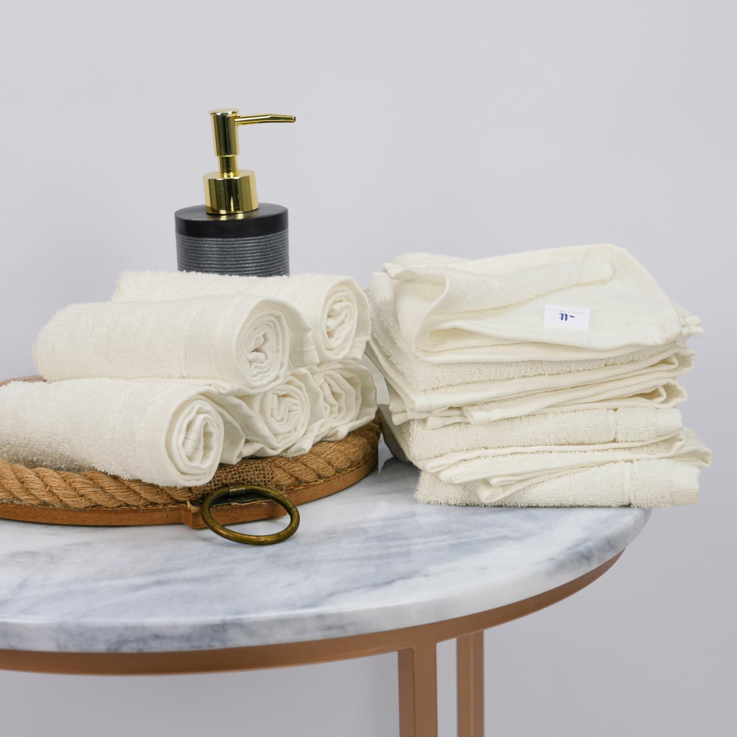 Tens Towels Pack of 60 Washcloths, 12 x 12 Inches, Lighter Weight, Quick to Dry, Super Soft & Absorbent, Gentle Face Towels, Hotel Quality, Perfect for Bathroom, Gym, Spa (Ivory, 60 Pack)