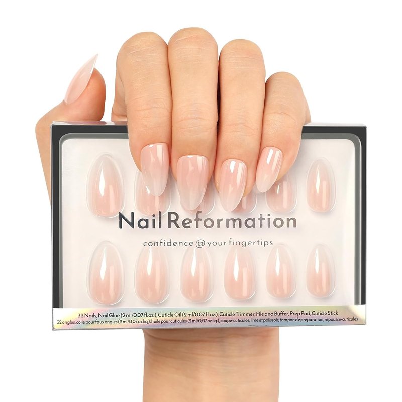 Nail Reformation Press On Nails - Ombre Pink Short Almond | Natural Reusable 32 Nail Kit with Glue in 16 Sizes