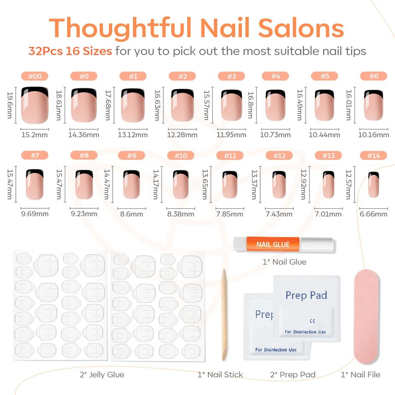 Modelones Black French Tip Press on Nails Short, Square Fake Nails, Reusable Nail Kit with Nail Glue Adhesive Tabs Mini Nail File, Nails Press Ons 32Pcs 16Sizes, Spring Women Girl Gift