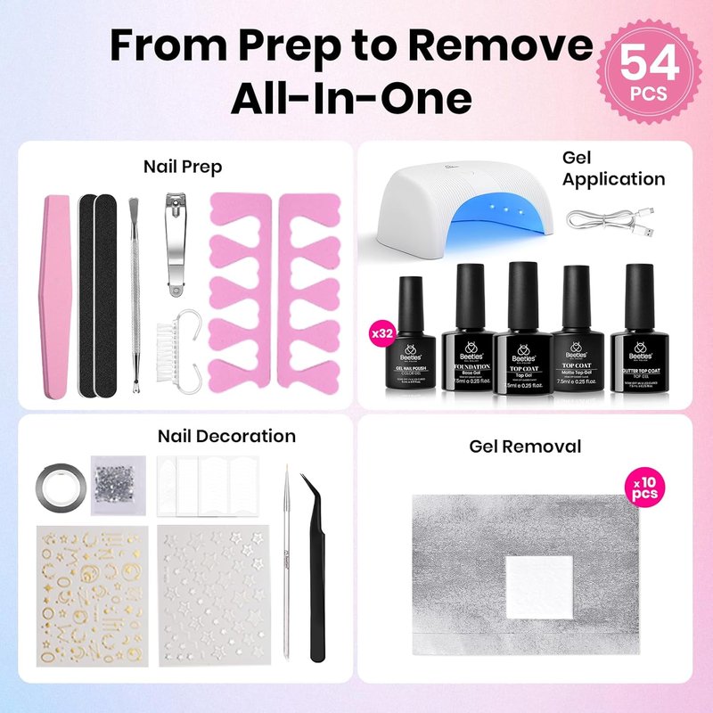 Beetles Gel Nail Polish Kit - 54 Pcs UV Light Set with 32 Colors, Base & Top Coat | Perfect for Home Manicure