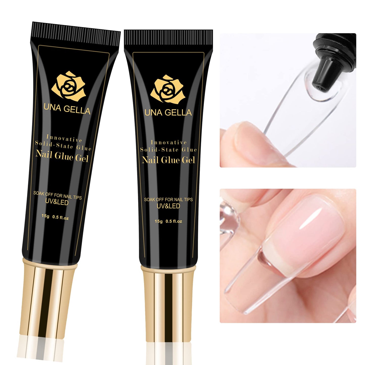 UNA GELLA Solid Gel Nail Glue Strong 15g*2pcs Set U V/LED Nail Glue Gel Lamp Required False Glue For Fake Acrylic Nails Tips Press Ons Extension DIY Salon