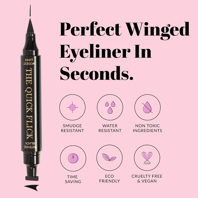 Quick Flick Winged Eyeliner Stamp - Waterproof & Smudge-Proof Vegan Cat Eye Stamp | 3mm Winged & 8mm Felt-Tip Pen (Hot Fudge)