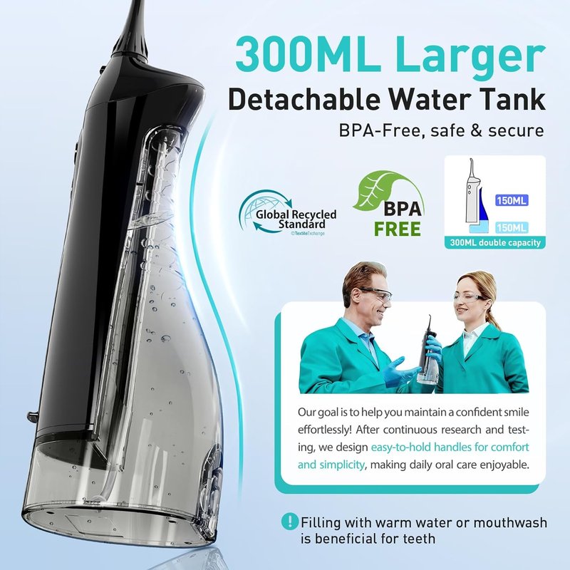 COSLUS Water Dental Flosser Teeth Pick C20: ADA Accepted, Portable Cordless Oral Irrigator 300ML Rechargeable Travel Irrigation Cleaner IPX7 Waterproof Electric Flossing Machine for Teeth, Black