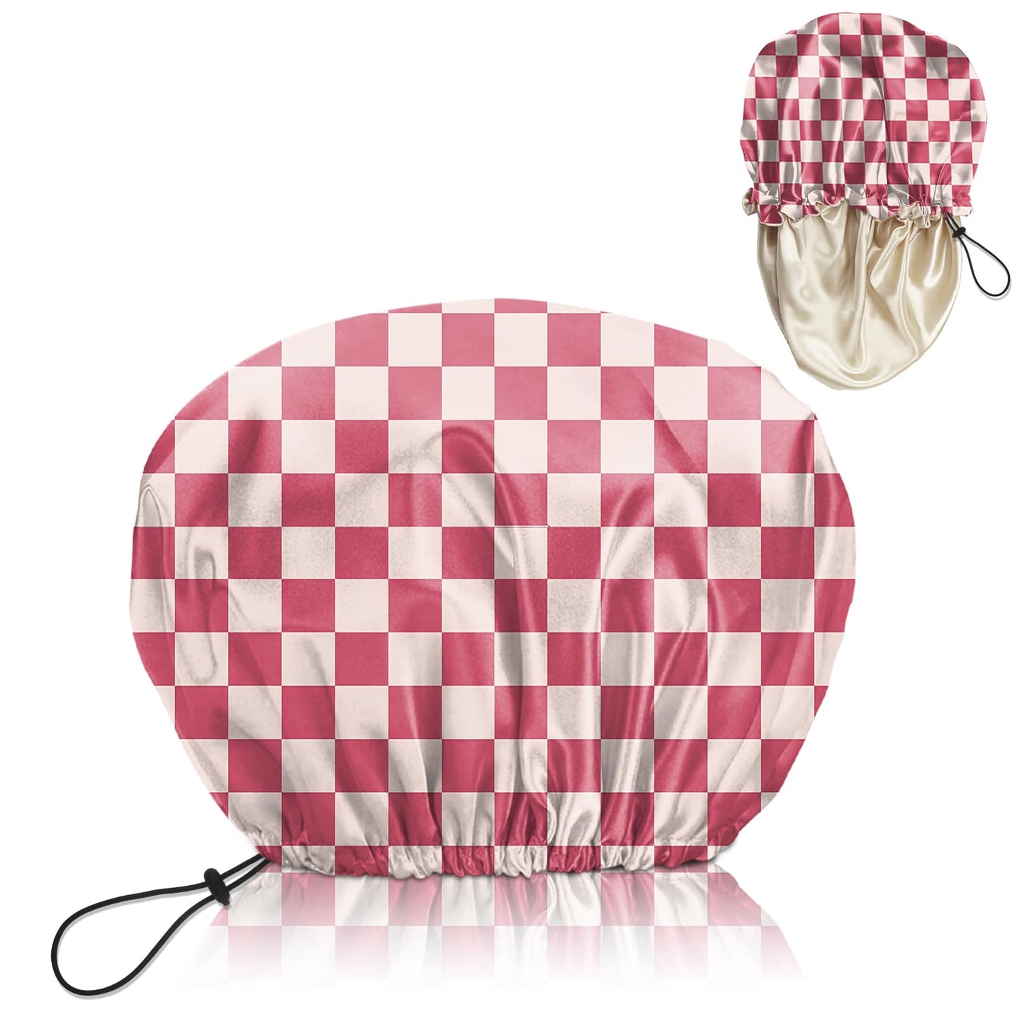 BHAHB Luxury Shower Cap Satin Lined Reusable Waterproof Double Layer Elastic Adjustable Hair Bath Cap Cute Aesthetic Women Girls-Pink Checkered