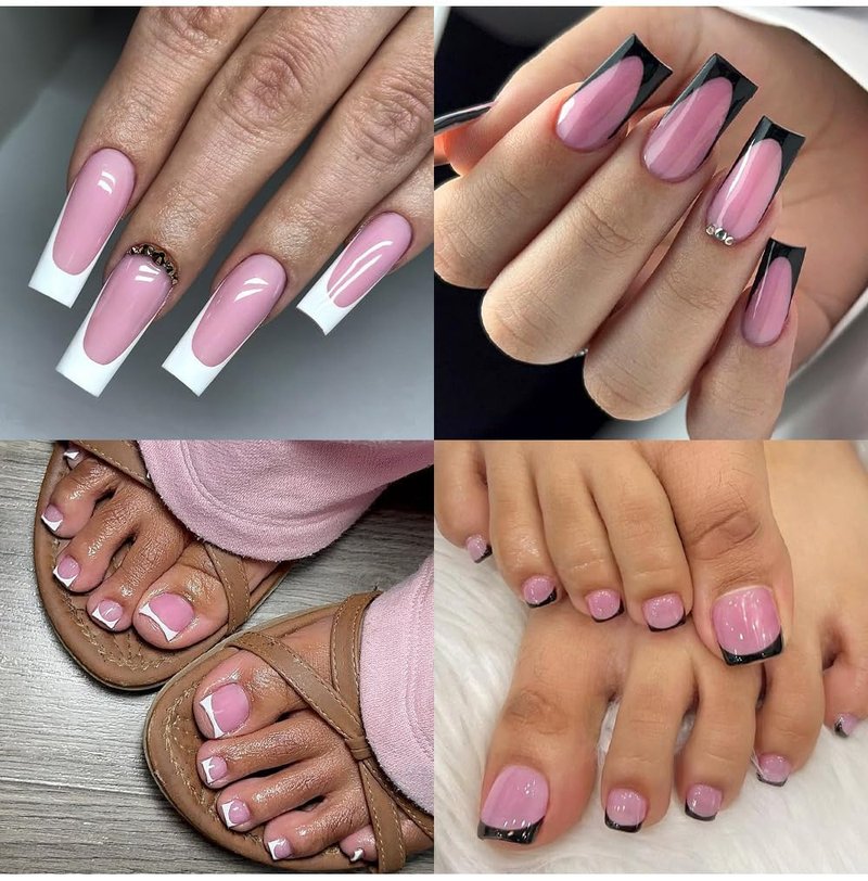 HWHUNO 4 Design French Soft Gel Toe Nail Tips Set,120Pcs White Pink Black Full Cover Square Tip Press on Nails & Press on Wider Toenails for Women Home Diy Salon 15 Sizes