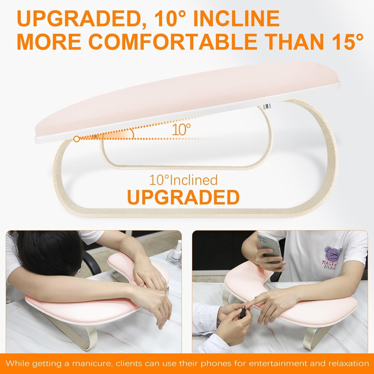 U-Shaped Nail Arm Rest Stand - Upgraded 10° Incline, Pink with Gold Aluminum Alloy Holder | Non-Slip Manicure Support