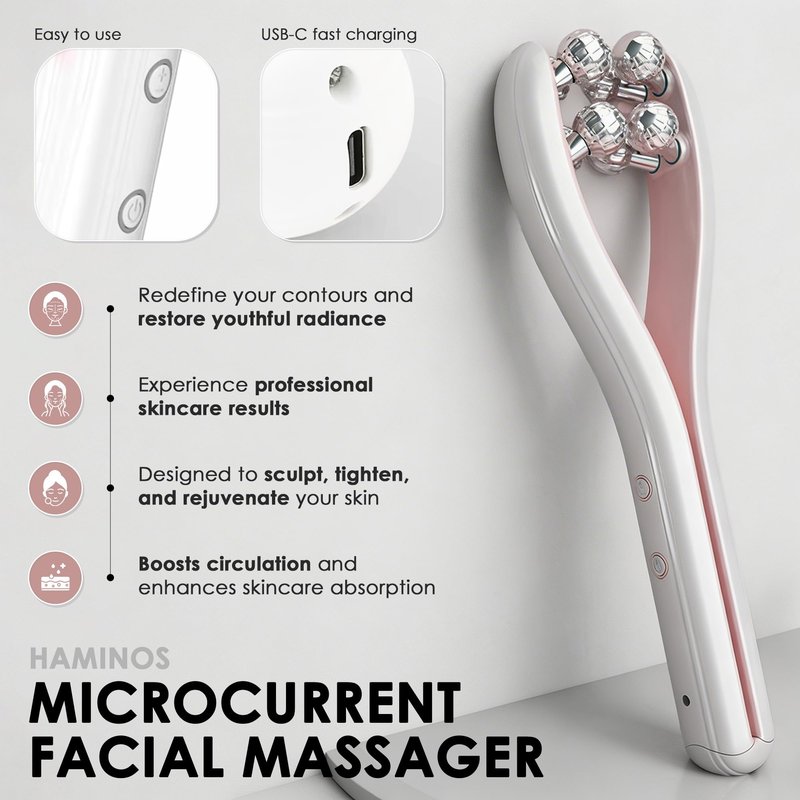 HAMINOS Microcurrent Facial Massager with 3D Roller, 3 Intensity Levels, Face Sculpting Tool for Jawline, Neck, Arms and Legs, Rechargeable Face Massage Tool for Skincare Routine