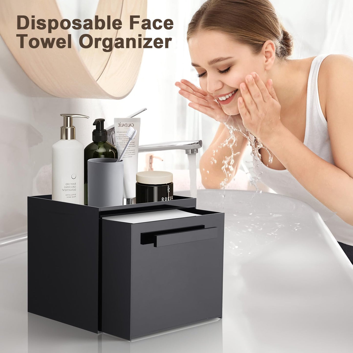 TAINESS Disposable Face Towel Storage Box Compatible with Clean Skin Club Clean Towel XL Acrylic Cosmetic Organizer Container Box Facial Towels Holder with Drawer Wall-Mounted (Glossy Black)