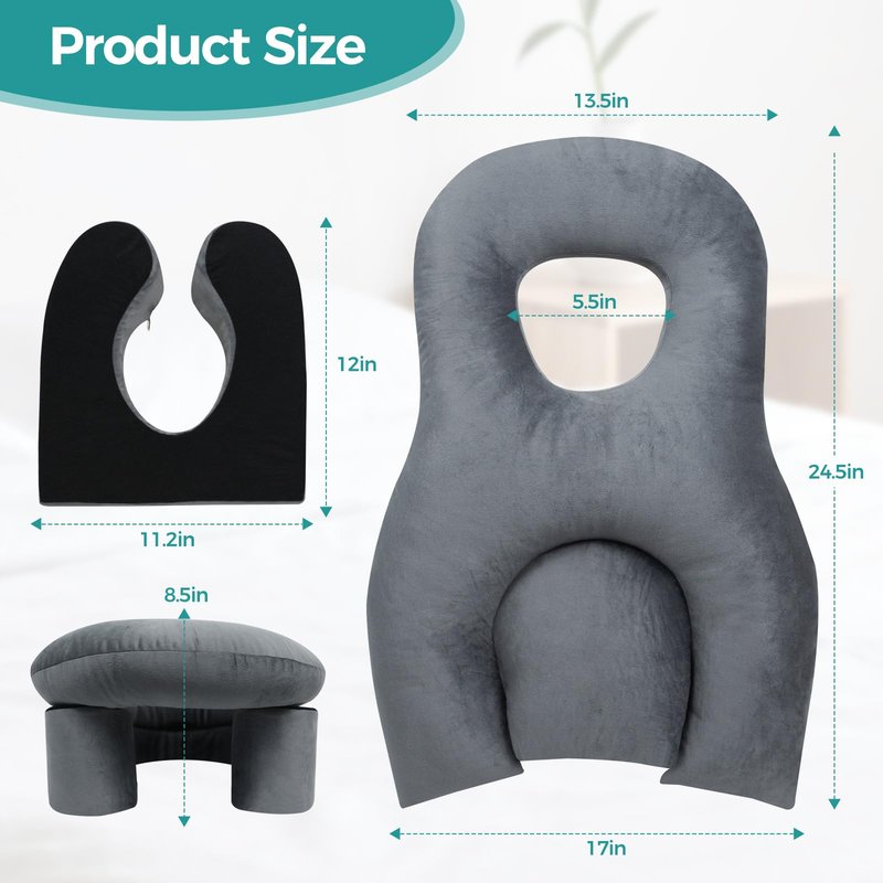 Gliterra Face Down Recovery Pillow for Eye/BBL Surgery - Prone Massage Headrest with Adjustable Airflow, Plush Velvet Cover, Retinal Vitrectomy Equipment (Grey, Large, Removable Base Cover)