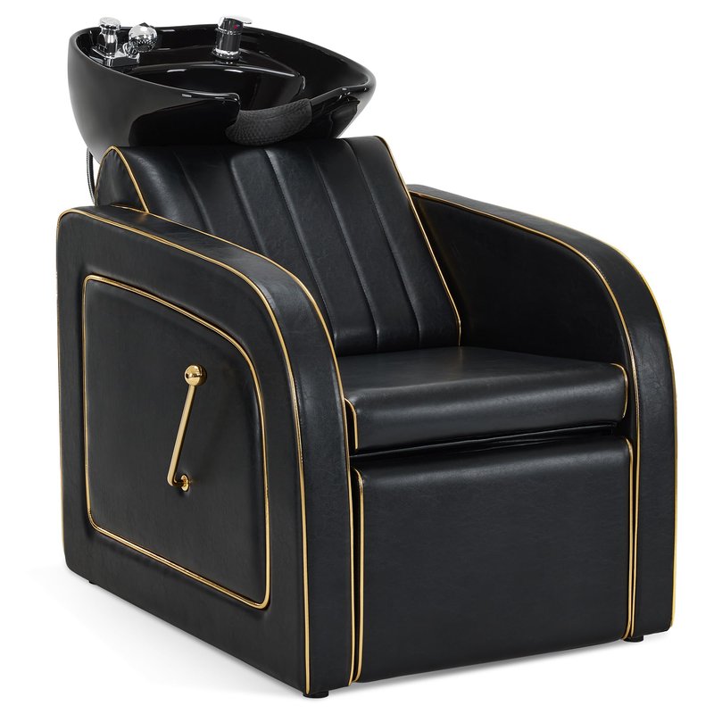 BarberPub Backwash Shampoo Chair and Bowl Set, Adjustable Porcelain Ceramic Wash Bowl Sink Unit, Luxurious Shampoo Station Chair for Spa Beauty Salon Hair Salon 9175 (Luxurious, Black)