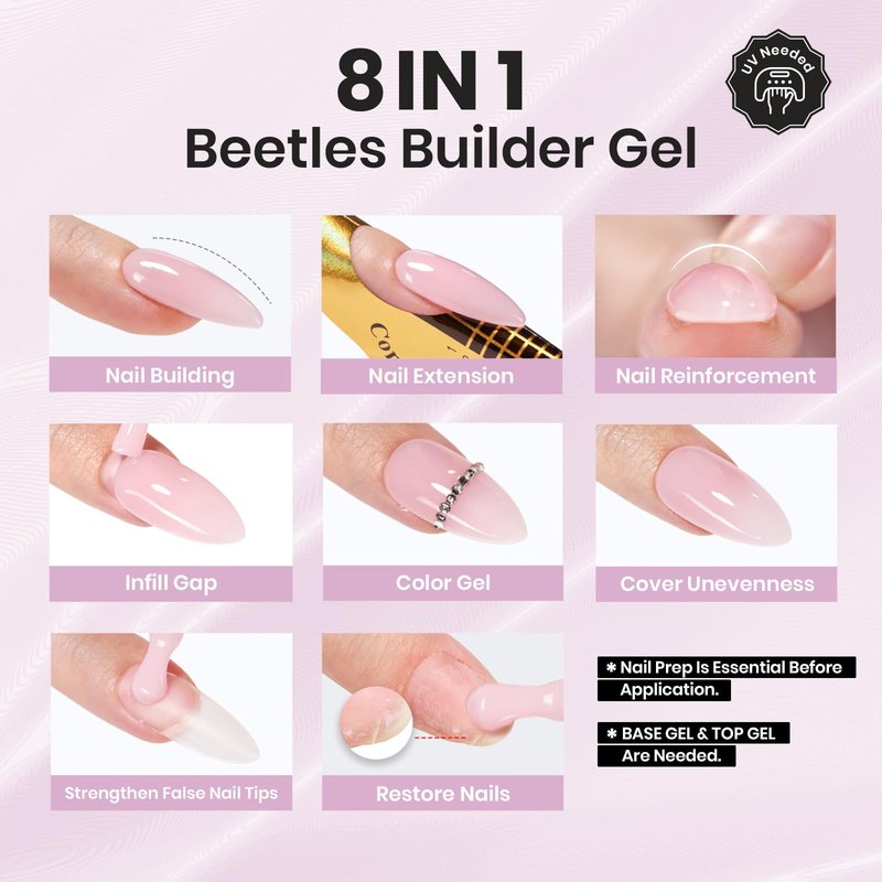 Beetles Builder Gel HEMA-Free,2 Pcs 8 in 1 Jelly Purple & Glitter Building Apex,Strengthening Thickening Sensitive Nails Extension,for Begginer DIY UV Nails at Home,Light Purple Building Gel
