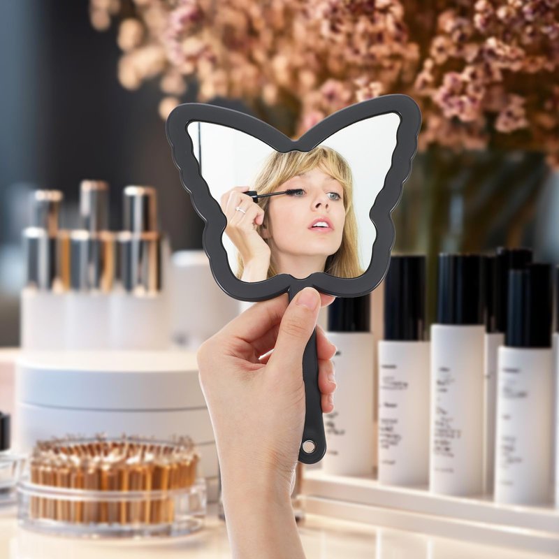 Butterfly Shaped Hand Held Mirror with Handle, Cute Cosmetic Travel Handheld Mirror, Single-Sided Portable Travel Vanity Lash Hand Held Mirrors for Shaving Makeup Men & Women (Black, 6 x 8 Inch)