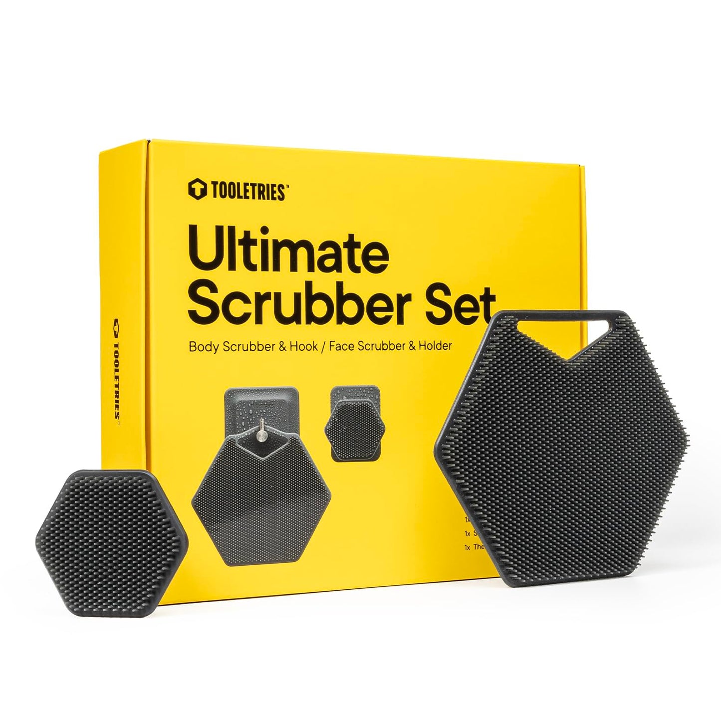 TOOLETRIES The Ultimate Scrubber Set - with 2X Scrubbers & Holders - Silicone Toiletry Organizer, Shower & Bathroom Accessory - Features Silicone-Grip Technology, Removable & Reusable - Charcoal