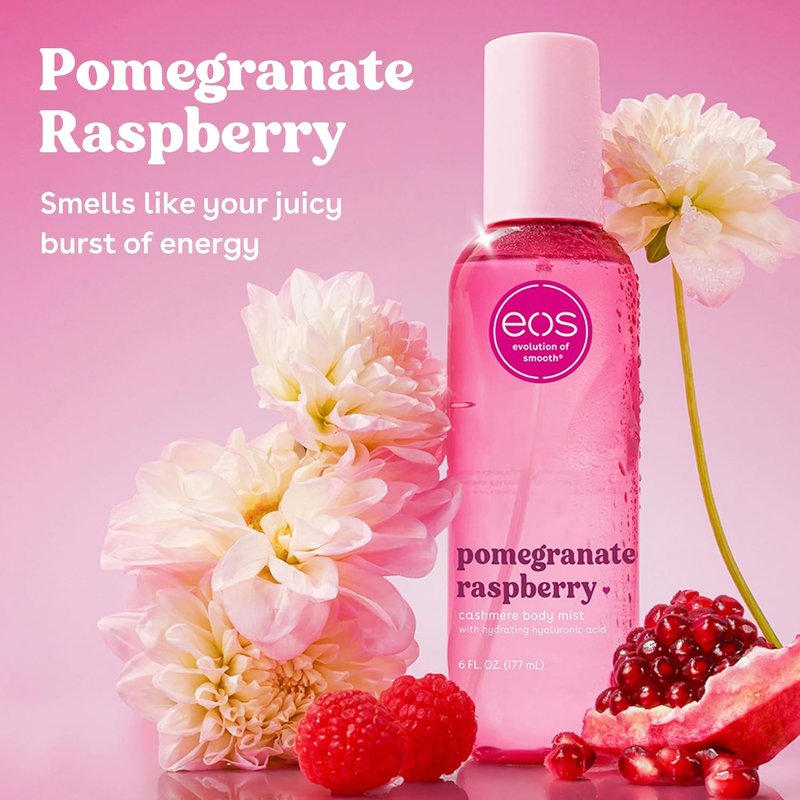 EOS Cashmere Body Mist - Pomegranate Raspberry Body Spray | Moisturizing Hair Mist with Hyaluronic Acid, 6 fl oz