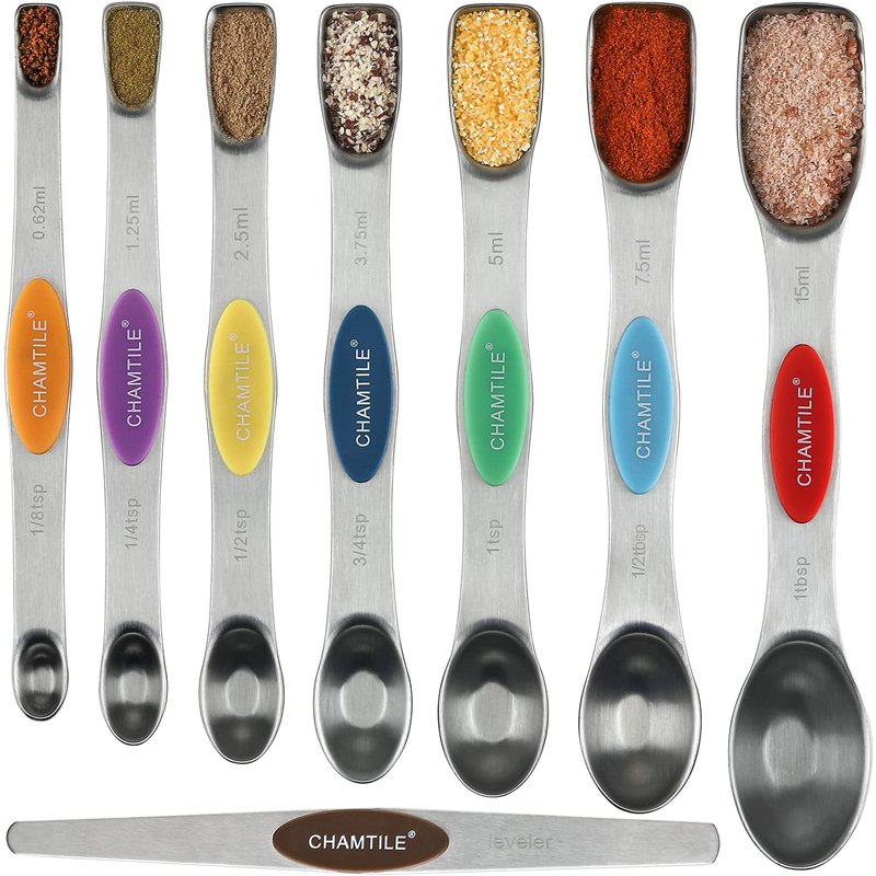 Magnetic Measuring Spoons Set of 8 Dual Sided Stainless Steel Measuring Spoons Long Handle Stackable Teaspoon Tablespoon for Measuring Dry and Liquid Ingredients