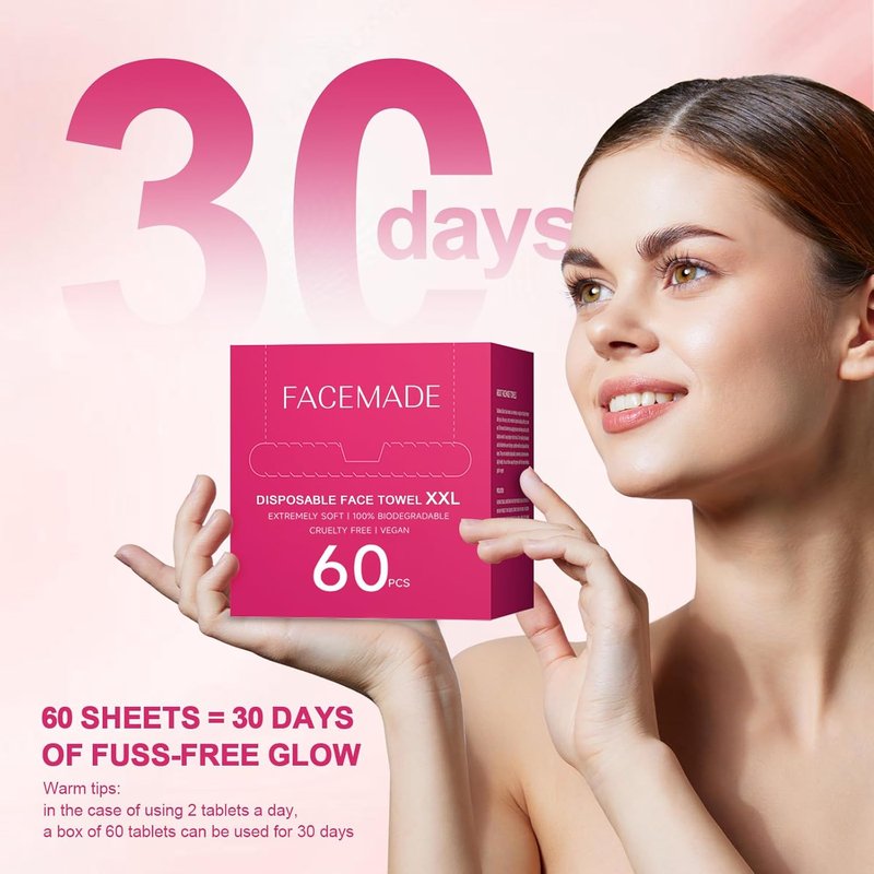 FACEMADE XXL Disposable Face Towels - 60 Count, 100% Biobased, Super Soft & Thick for Makeup & Skin Care