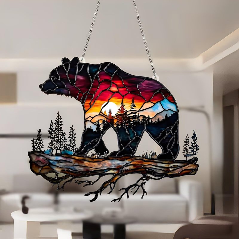 1PC Bear on Branch Acrylic Suncatcher Hanging, 7.08 inch Window Decor with Printed Stained Glass Style Design, Rainbow Maker Wall Art, Gift Idea & Garden Ornament Indoor Outdoor Use/DW-19