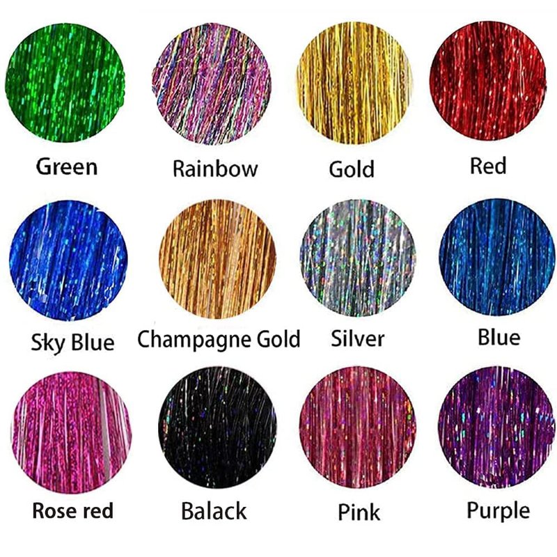 Skiennix Hair Tinsel Kit - 12 Vibrant Colors | 8000 Strands of Heat-Resistant Sparkling Extensions - 48 Inch