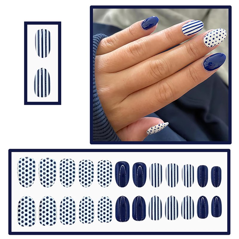 Polka Dot Press On Nails Almond Short Fake Nails Blue White False Nails With Polka Dot Designs Acrylic Nails Full Cover Glue On Nails Artificial Glossy Stick On Nails For Women Nail Manicure