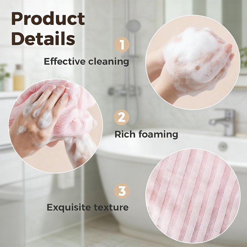 Exfoliating Shower Towel, 47-Inch Extra Long Dual-Sided Exfoliating Towel for Shower, Deep Cleansing & Gentle Exfoliation for Smooth Sensitive Skin (Black+Pink)