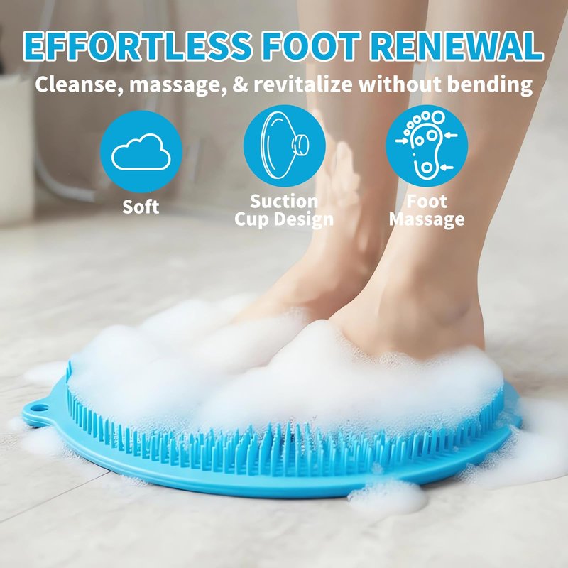 Merleu 2 Pack Shower Foot Scrubber & Shower Back Scrubber Wall Mounted with Delicate Brush,Circular Design Shower Back Scrubber,Non-Slip Foot Scrubber Mat(Grey and Blue)