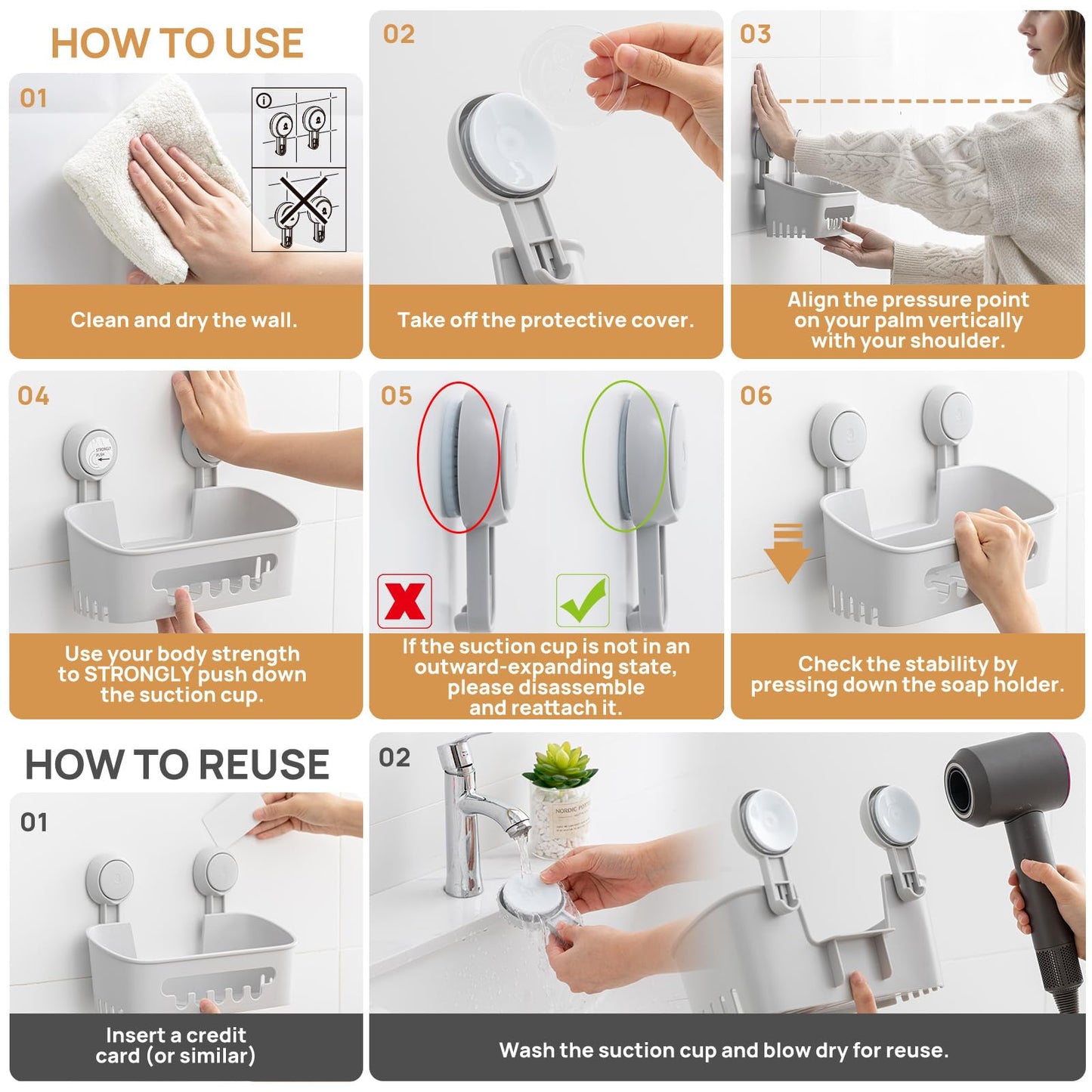 LEVERLOC Shower Caddy Suction Cup 2 Pack, Shower Organizer Removable Bathroom Shelf, Storage for Inside Shower Powerful Suction Max Hold 22lbs Waterproof Holder, Gray