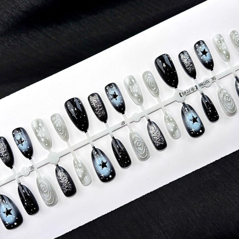 30Pcs Black Press-On Nails - Medium Almond 3D Silver Metal Swirl & Glitter Design | Reusable Glossy False Nails for Parties & Daily Wear