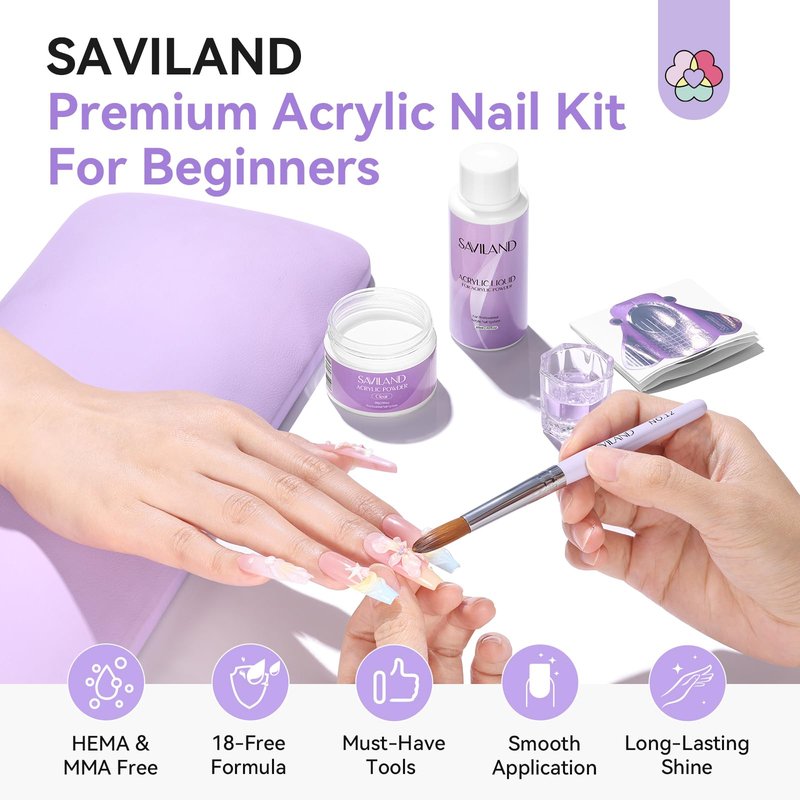 SAVILAND Acrylic Nail Kit for Beginners: Nails Kit Acrylic Set with 30g Clear Acrylic Powder and Liquid, Brush, Forms, File, Dappen Dish for Extensions & 3D Nail Art Sculpting, Home DIY Salon Manicure