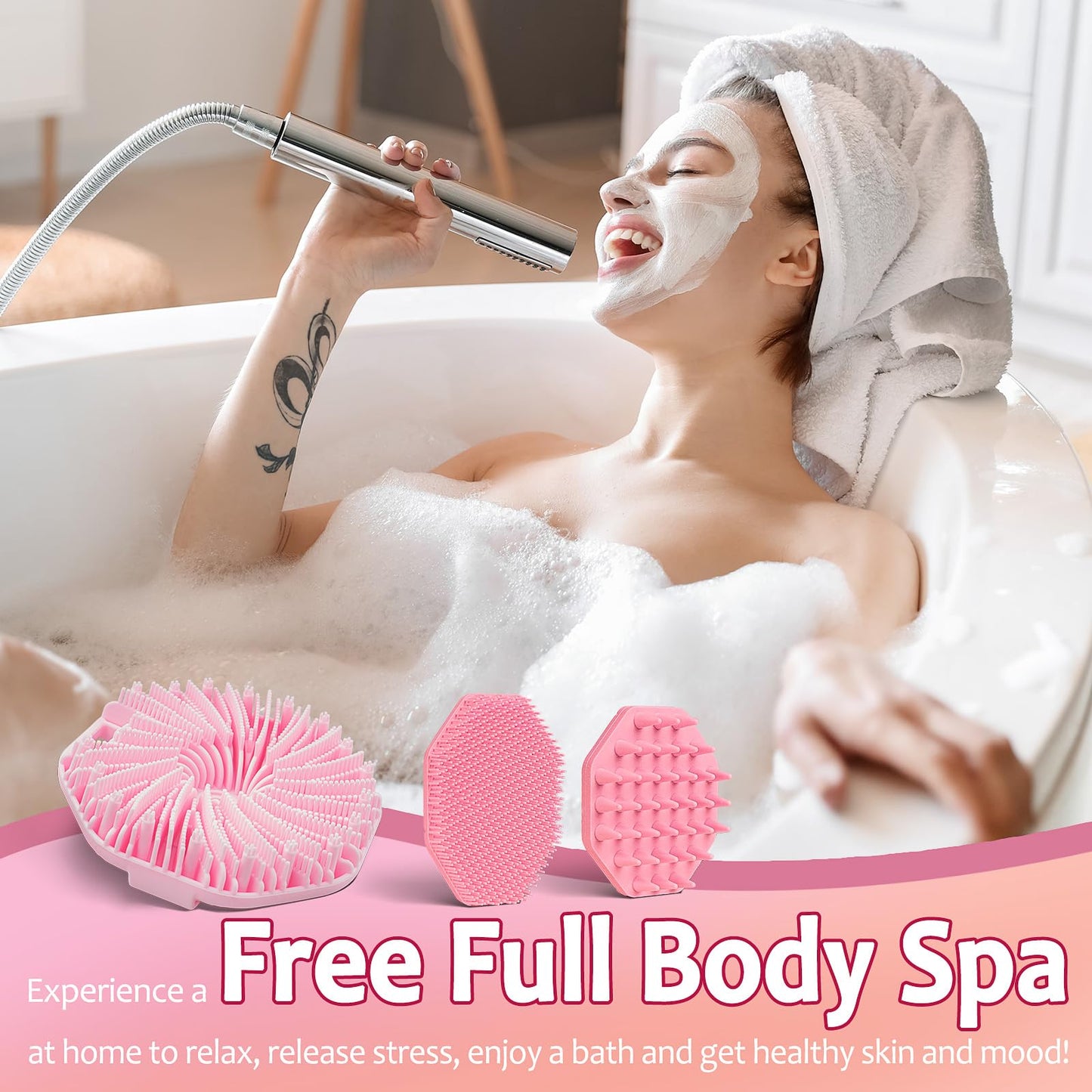 3 Soft Silicone Skin Scrubbers - Body Scrubber Exfoliating Brush Bath Shower Tool, with Gentle Manual Face Cleansing Wash Scrubber, with Hair Scalp Massager Shampoo Brush (Pink)