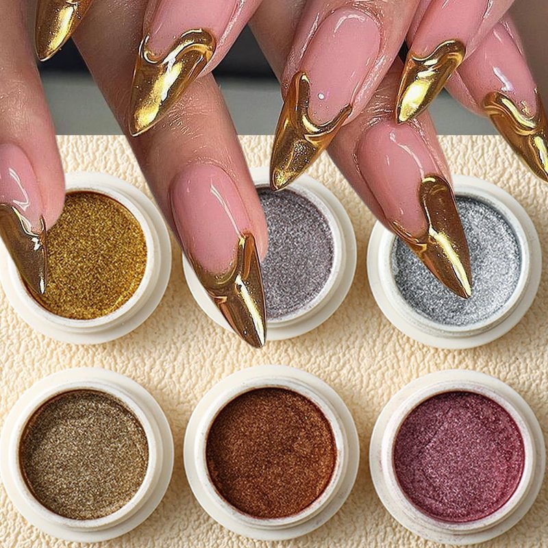 Chrome Nail Powder Set - 6PCS Metallic Mirror Pigment for Holographic Nail Designs | Rose Gold, Silver, Champagne